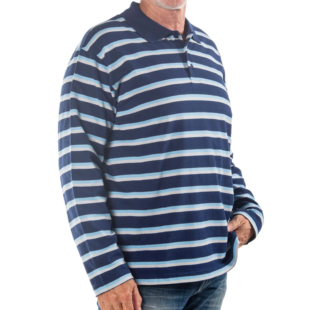 Men's Long Sleeve Navy Striped Cotton Traders Polo Shirt