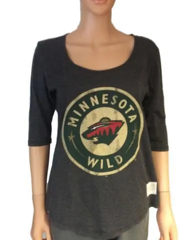 Minnesota Wild Retro Brand Women Gray 3/4 Sleeve Scoop Boyfriend T-Shirt