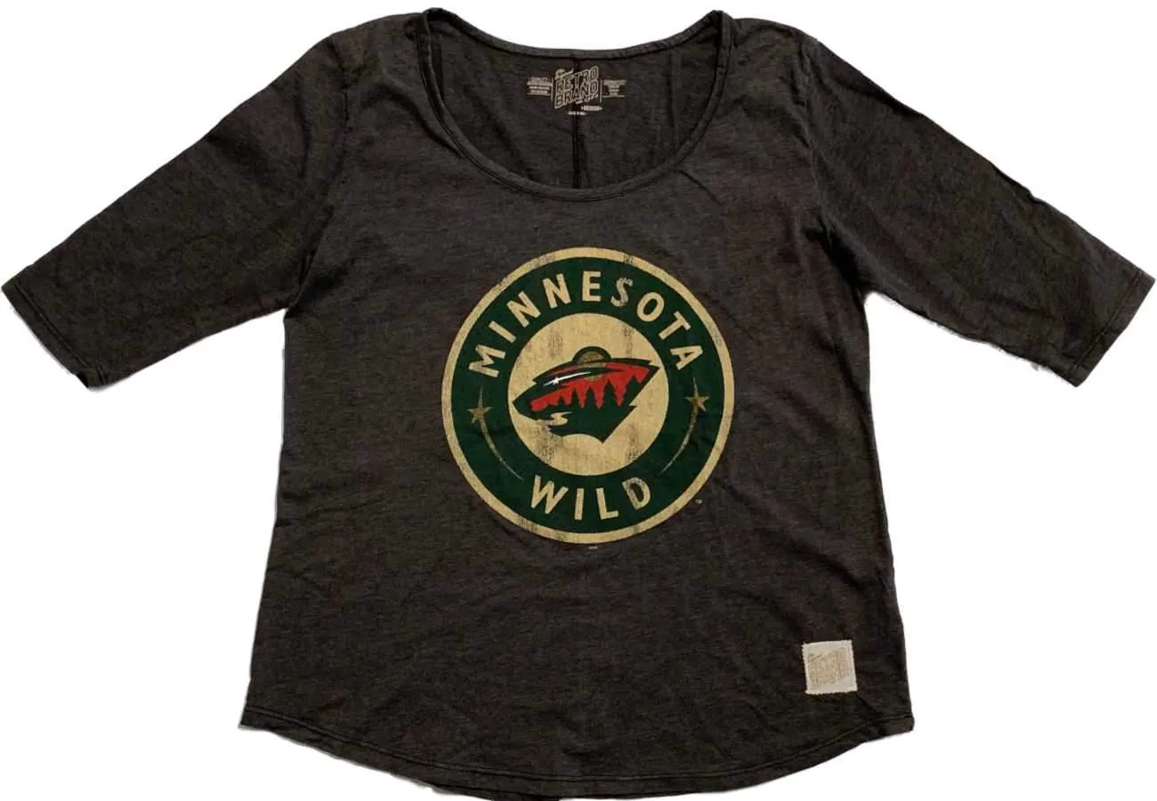 Minnesota Wild Retro Brand Women Gray 3/4 Sleeve Scoop Boyfriend T-Shirt