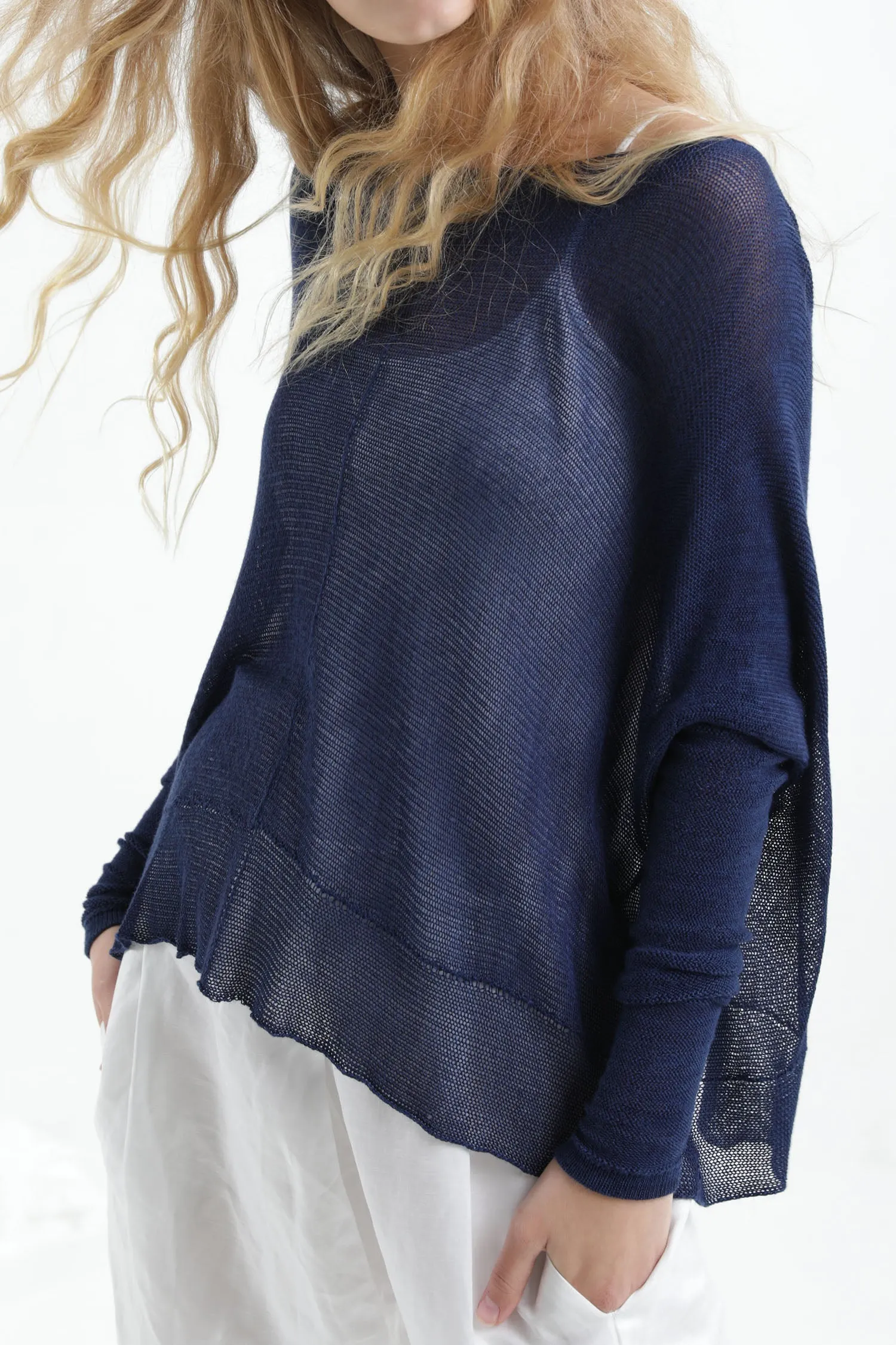 Navy Blue Boat neck Long sleeve oversize knit top