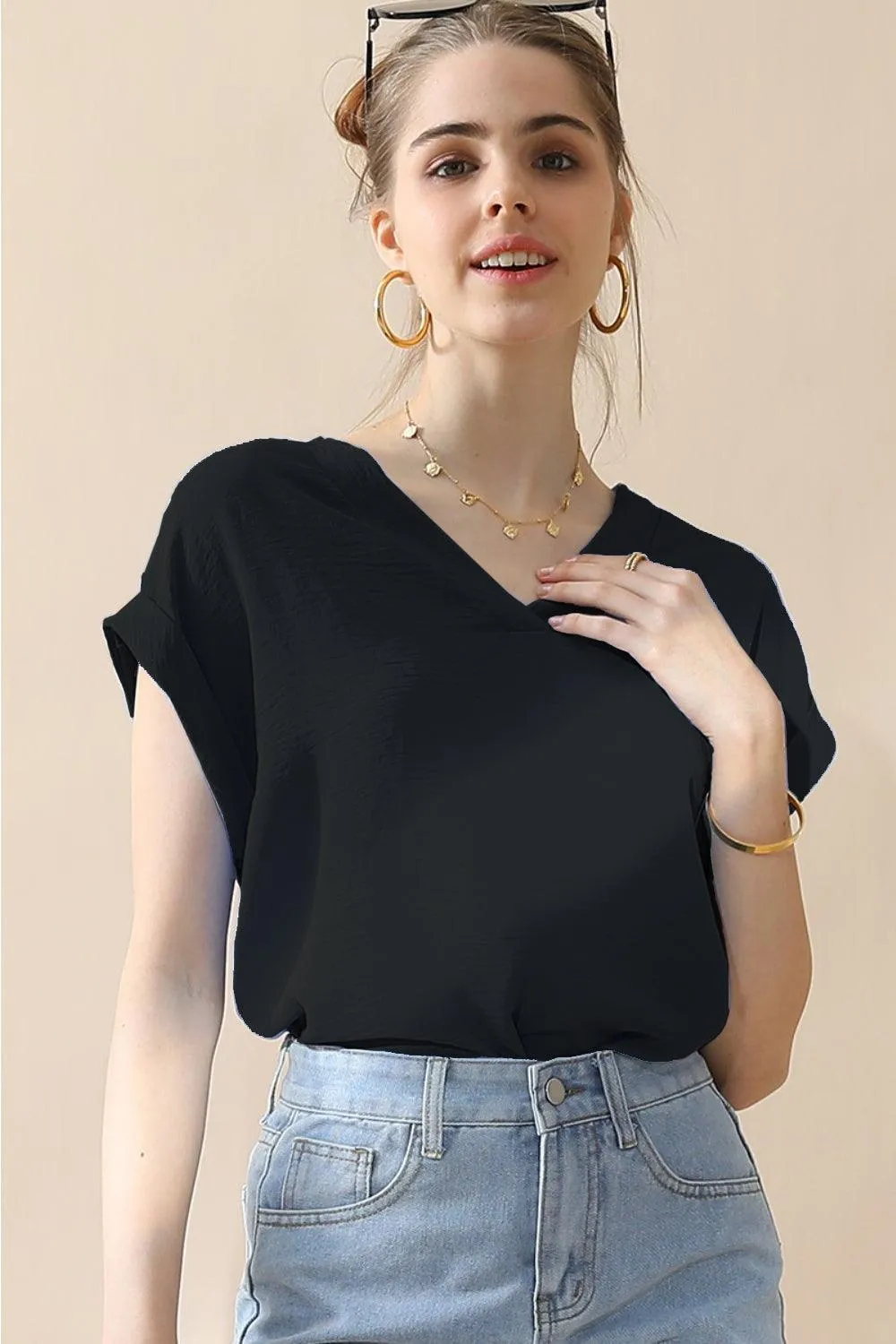 Ninexis V-Neck Short Sleeve Blouse