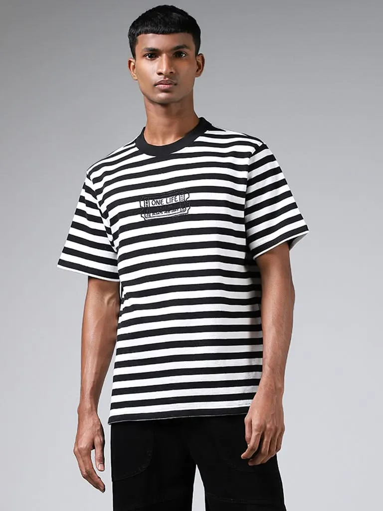 Nuon Black & White Striped Cotton Relaxed Fit T-Shirt