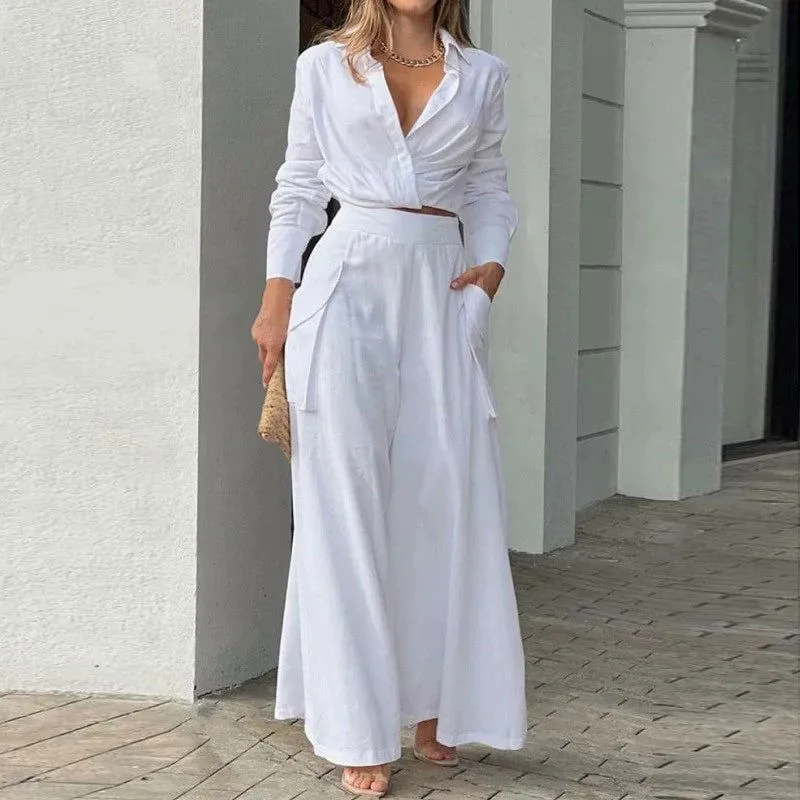 Office Lady Deep V-Neck Crop Shirt & Long Dress Suits