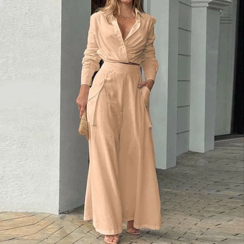 Office Lady Deep V-Neck Crop Shirt & Long Dress Suits