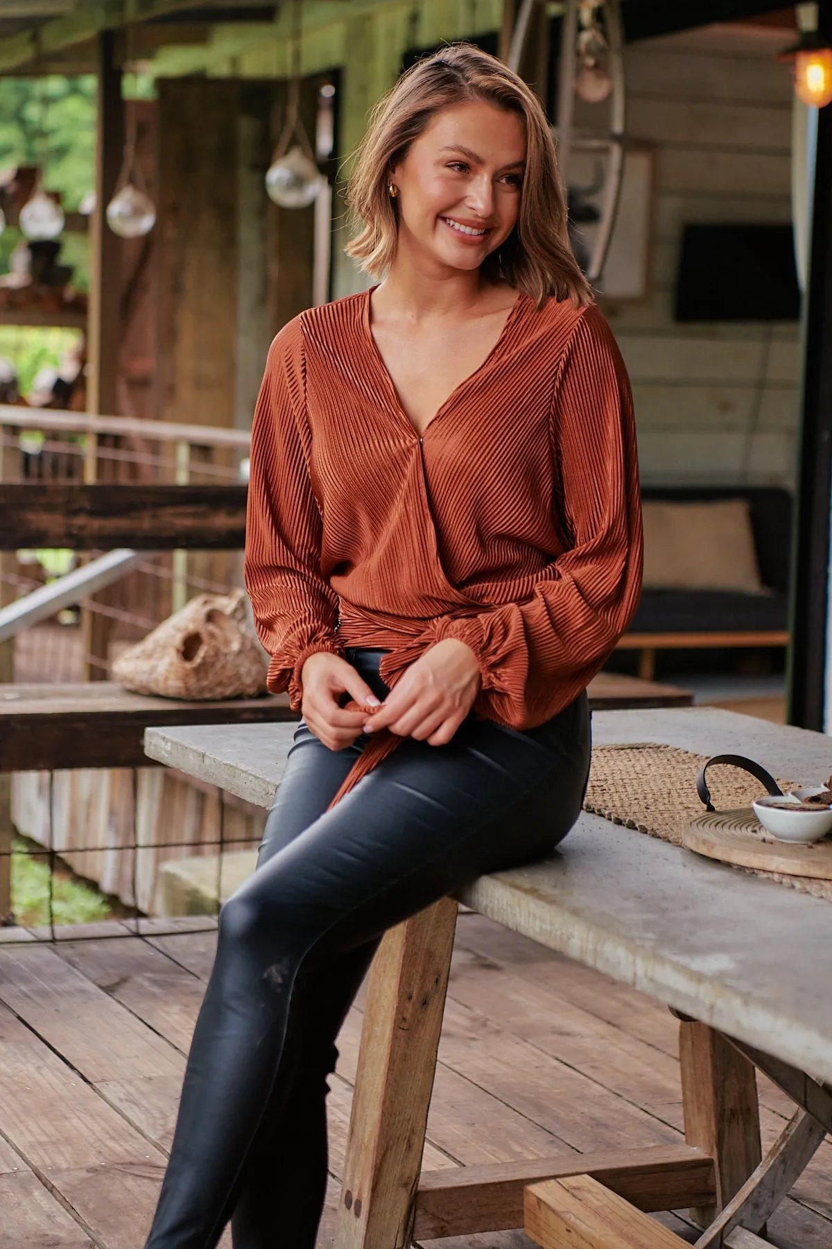 Parvatti Rust Pleated Long Sleeve Top