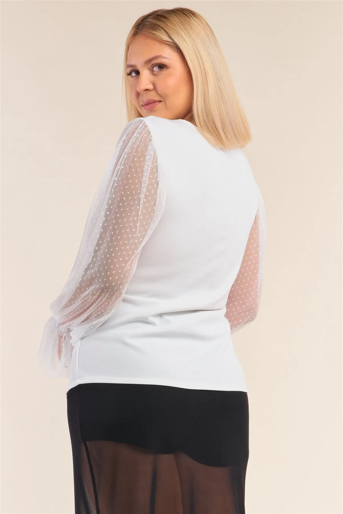 Plus Size Relaxed Fit Deep Plunge V-neck Long Polka Dot Mesh Balloon Sleeve Top