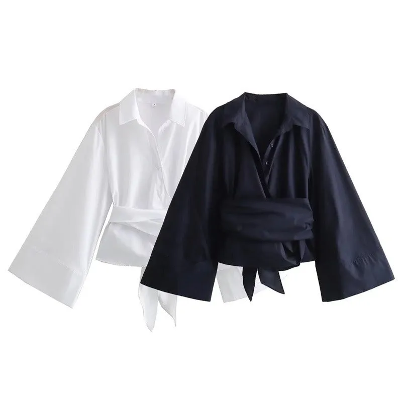 Pre Order: Kimono-Like Collar Back Bow Shirt