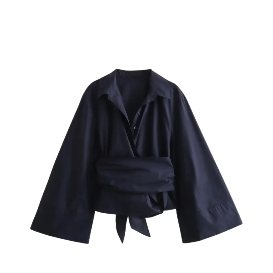 Pre Order: Kimono-Like Collar Back Bow Shirt