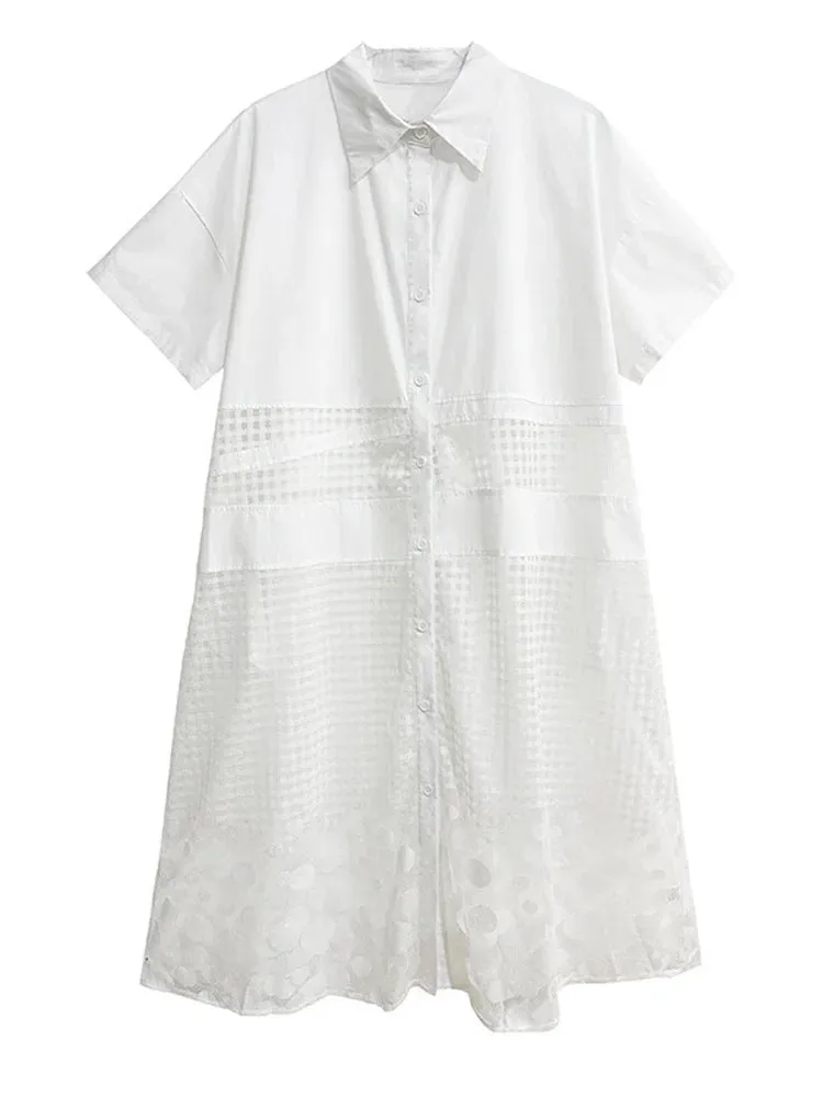 Pre Order:  White Lace Midi Big Size Shirt Dress