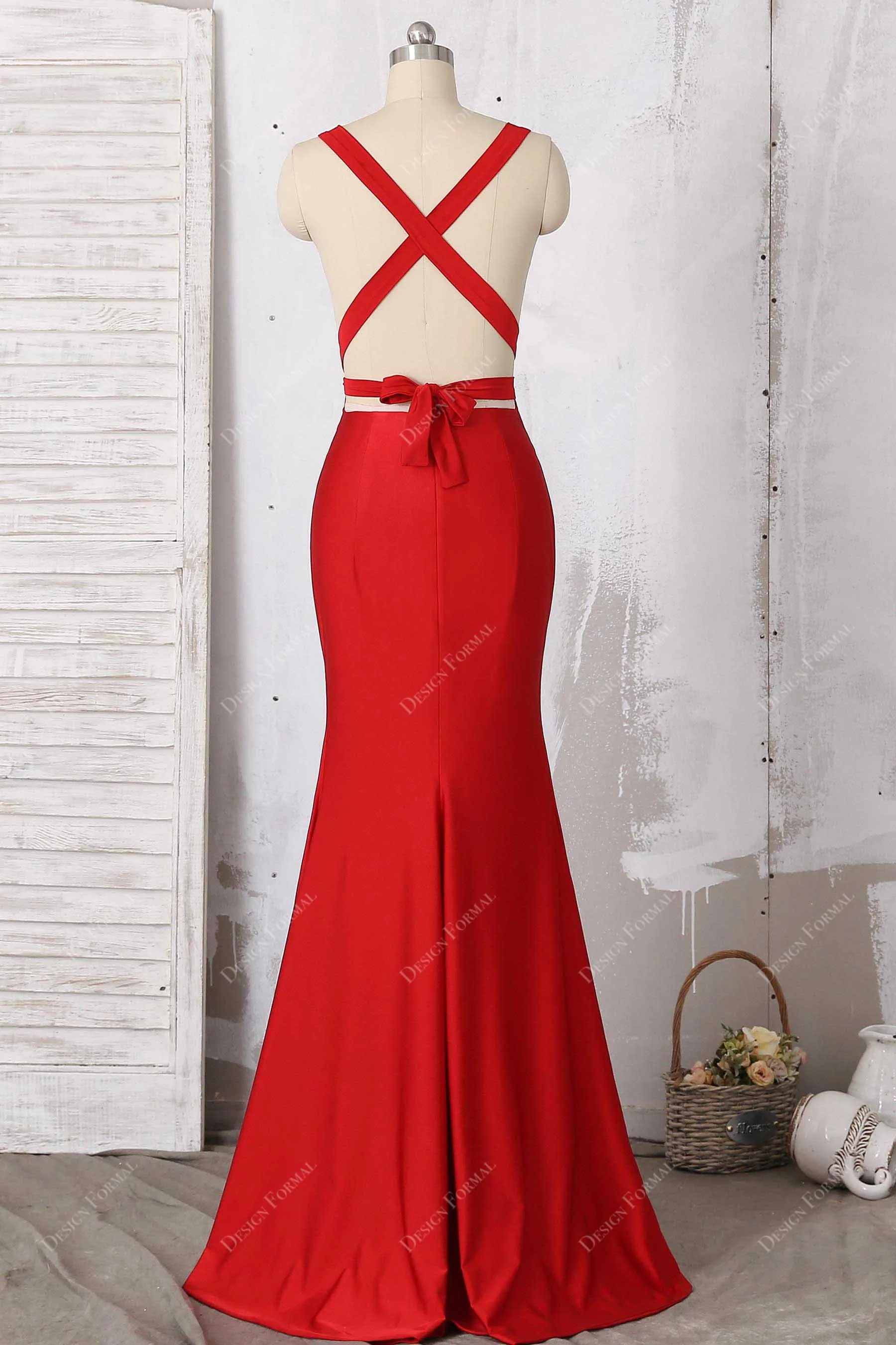 Red Jersey Wide Straps Plunging Neck Sleeveless Mermaid Dress