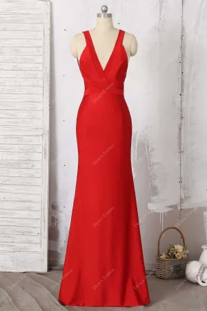 Red Jersey Wide Straps Plunging Neck Sleeveless Mermaid Dress