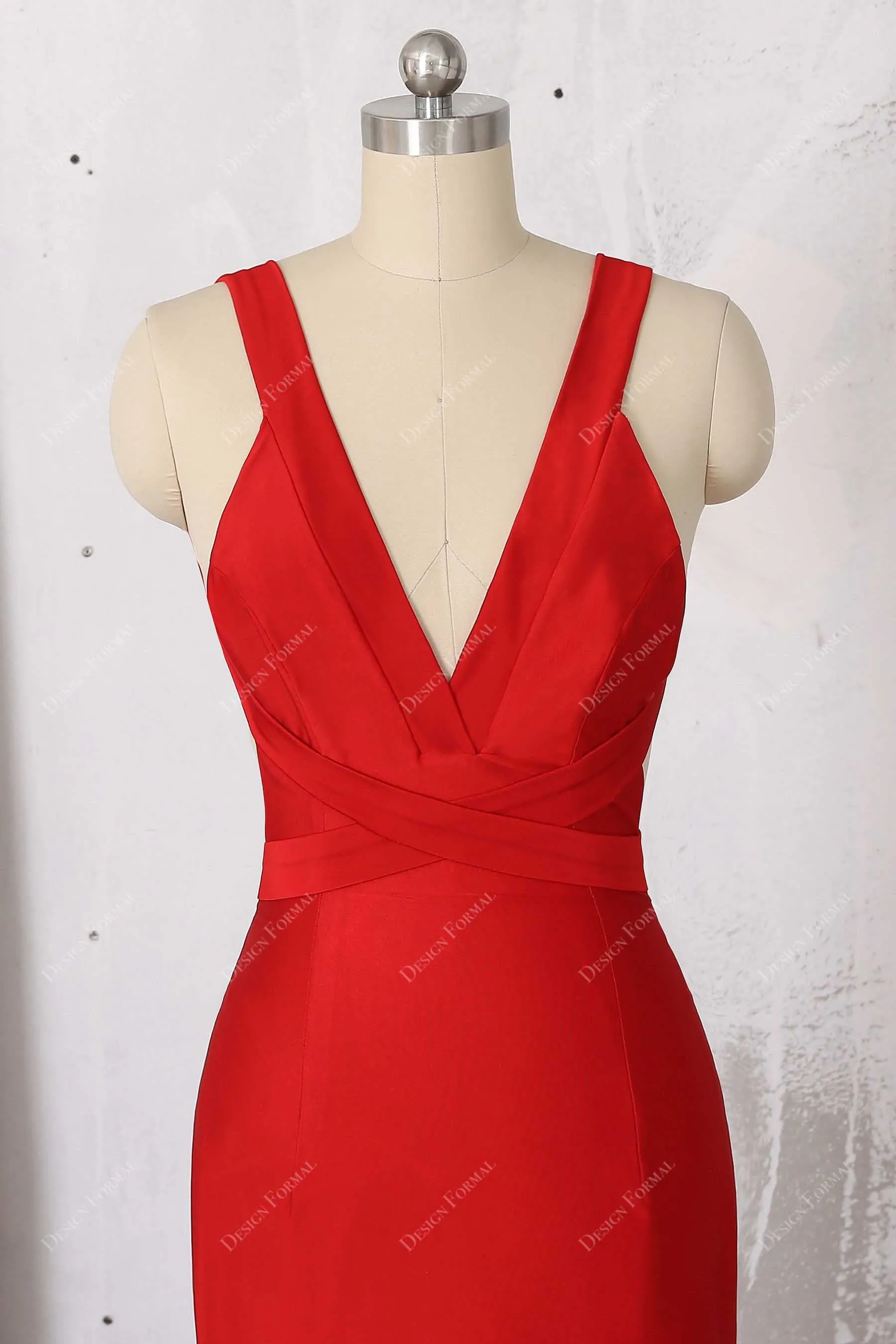 Red Jersey Wide Straps Plunging Neck Sleeveless Mermaid Dress