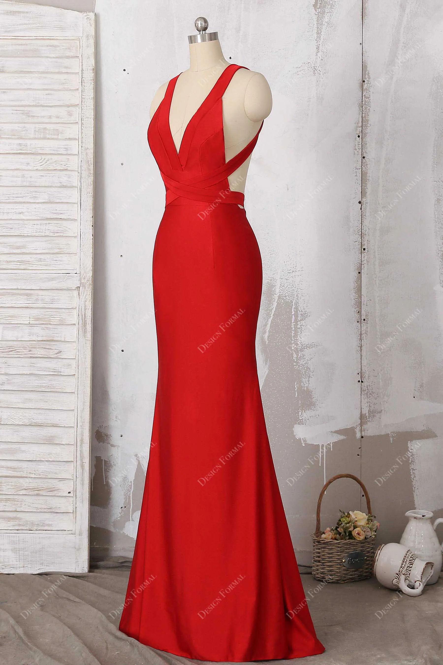 Red Jersey Wide Straps Plunging Neck Sleeveless Mermaid Dress