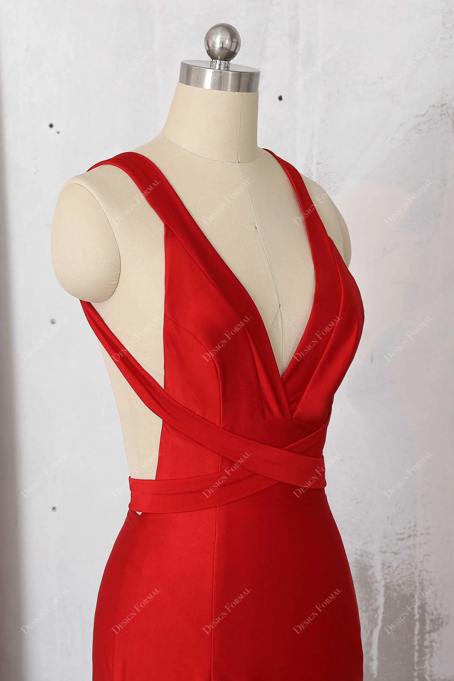 Red Jersey Wide Straps Plunging Neck Sleeveless Mermaid Dress