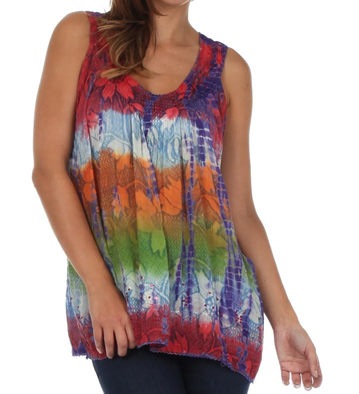 Sakkas Women's Tie Dye Floral Sequin Sleeveless Blouse