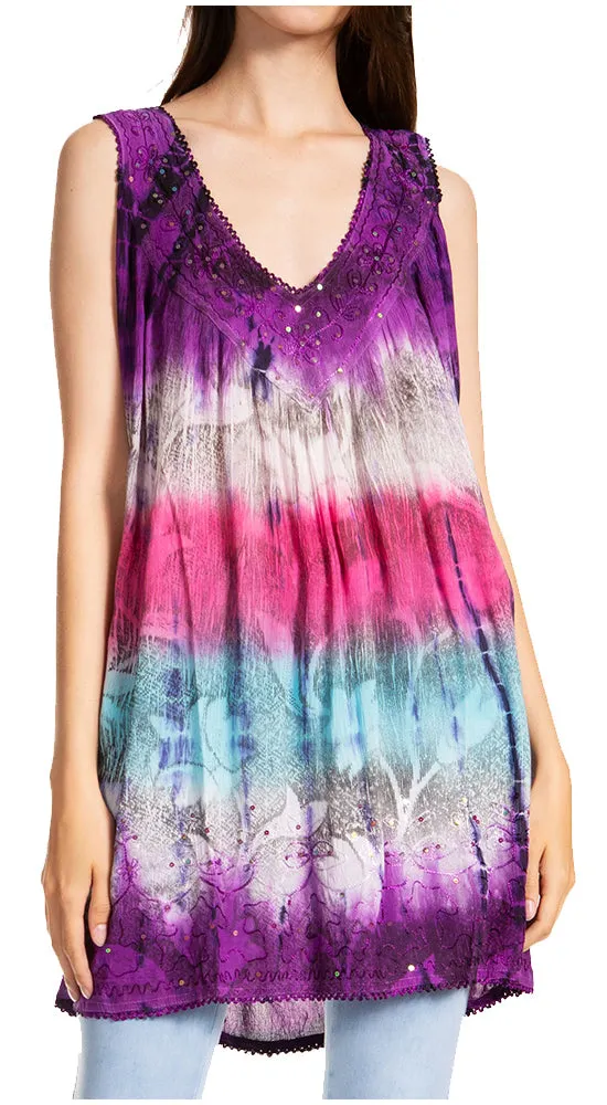 Sakkas Women's Tie Dye Floral Sequin Sleeveless Blouse