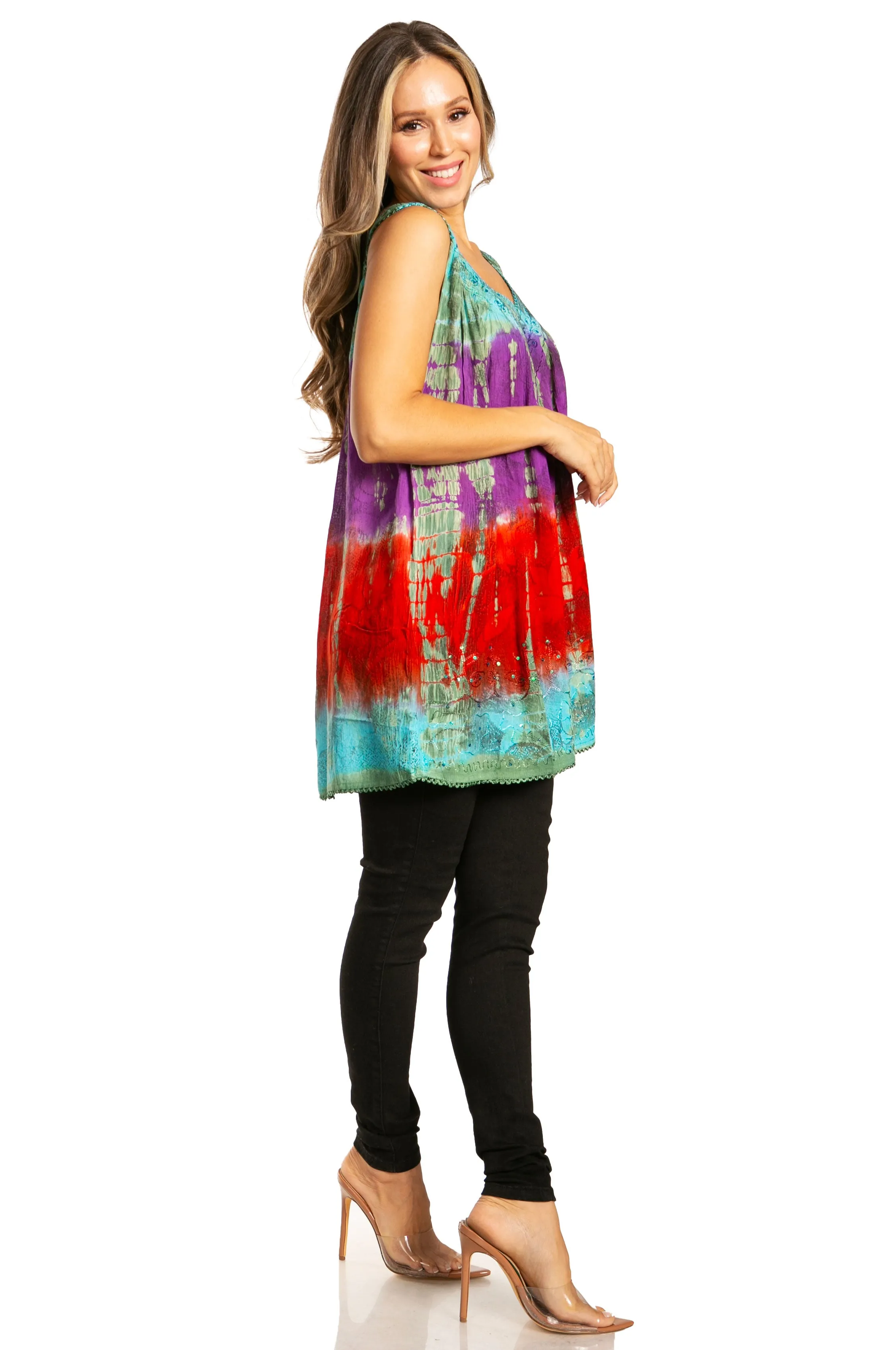 Sakkas Women's Tie Dye Floral Sequin Sleeveless Blouse