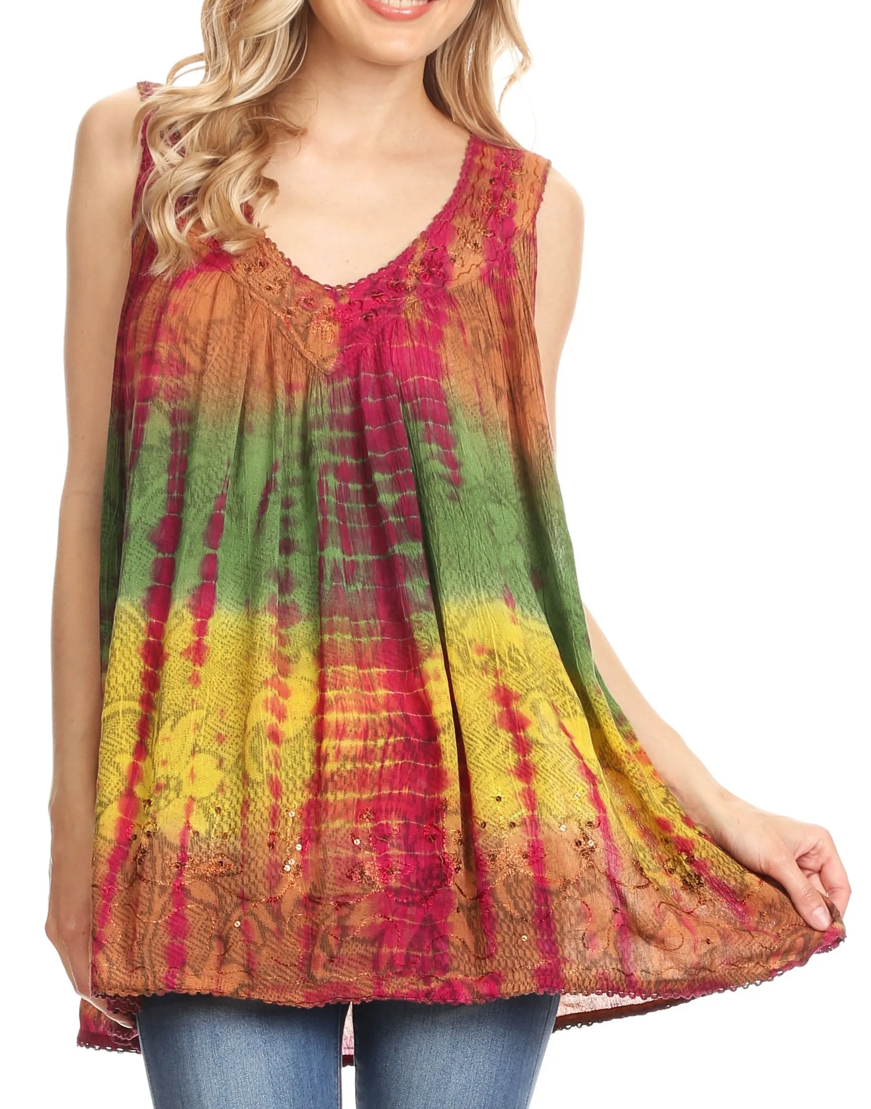 Sakkas Women's Tie Dye Floral Sequin Sleeveless Blouse