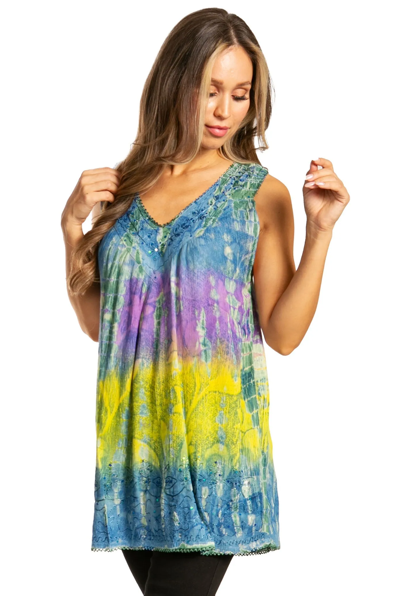 Sakkas Women's Tie Dye Floral Sequin Sleeveless Blouse