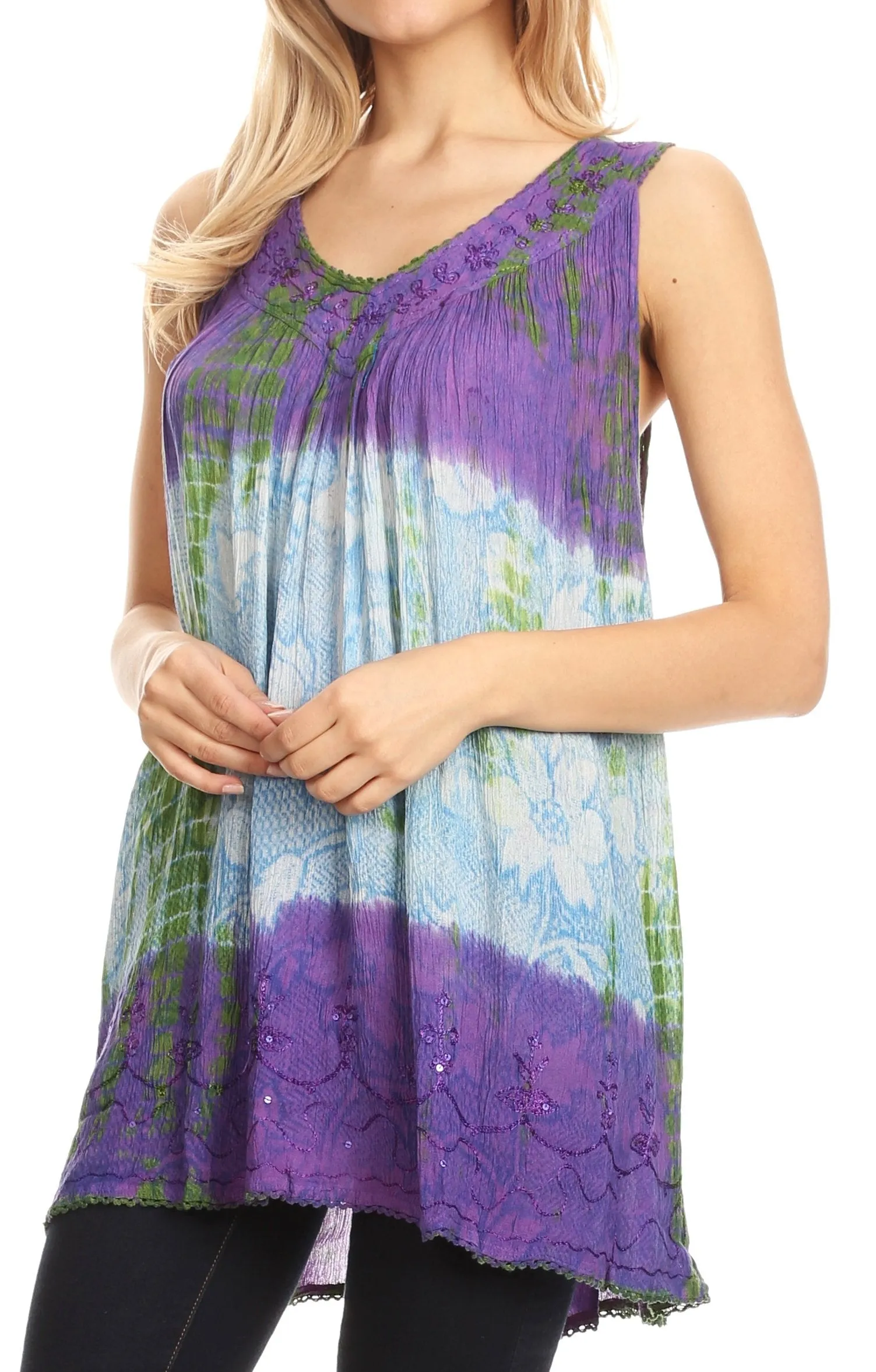 Sakkas Women's Tie Dye Floral Sequin Sleeveless Blouse