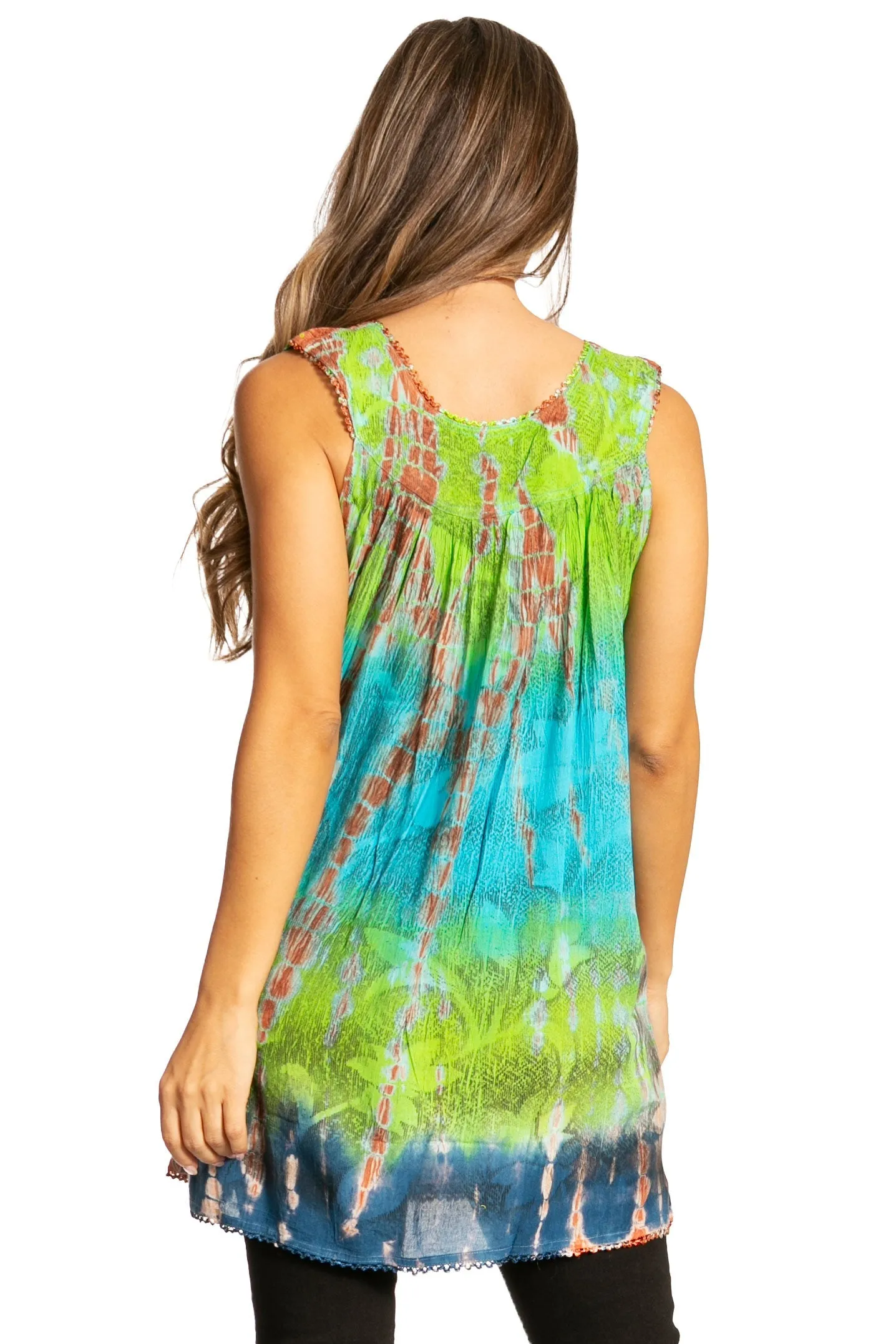 Sakkas Women's Tie Dye Floral Sequin Sleeveless Blouse