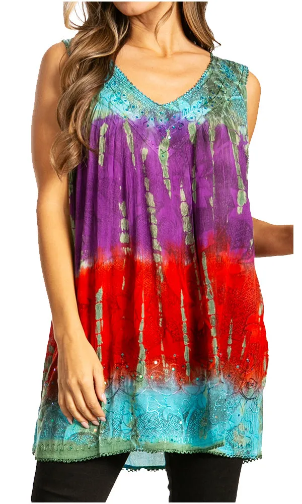 Sakkas Women's Tie Dye Floral Sequin Sleeveless Blouse