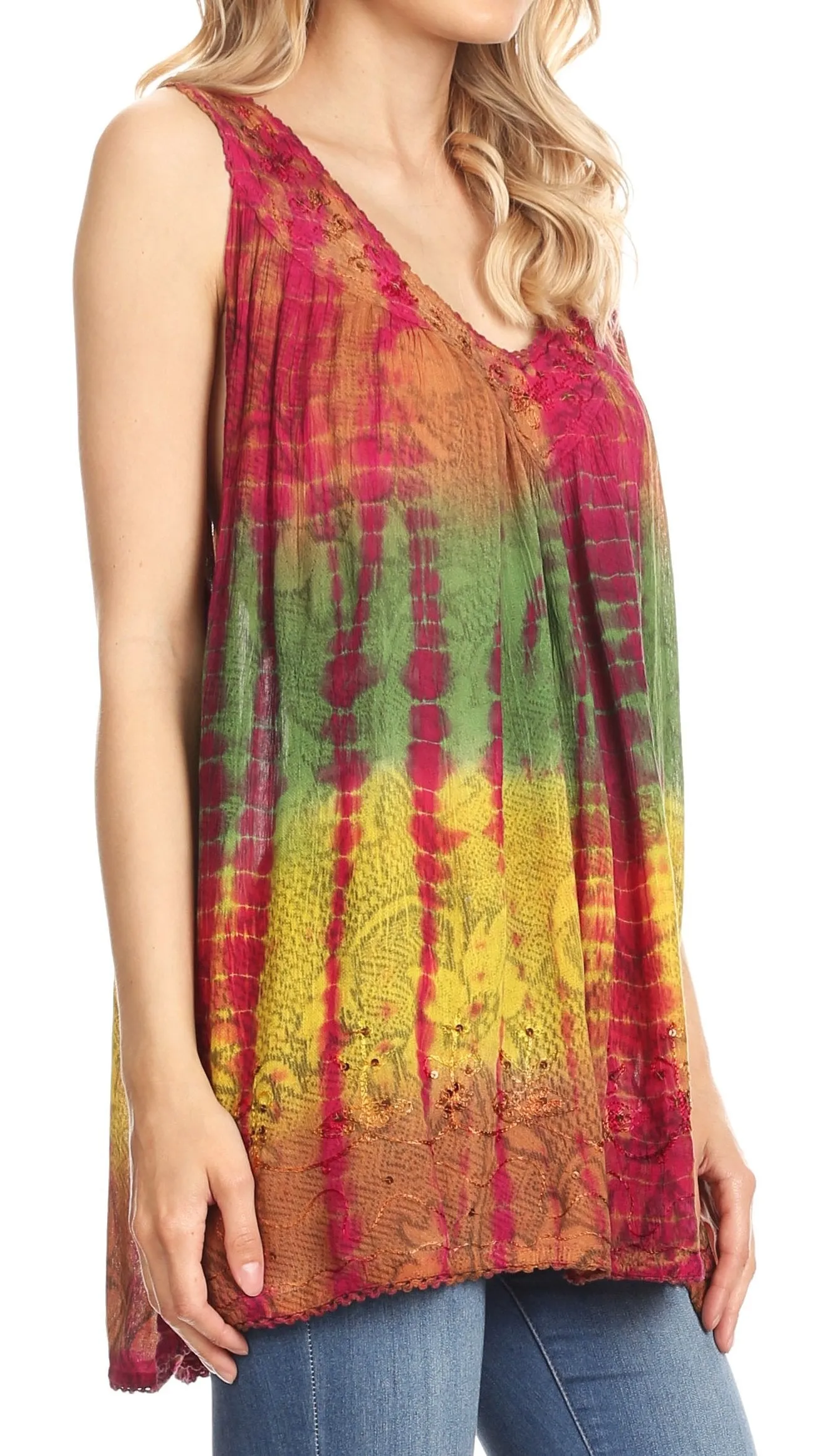 Sakkas Women's Tie Dye Floral Sequin Sleeveless Blouse