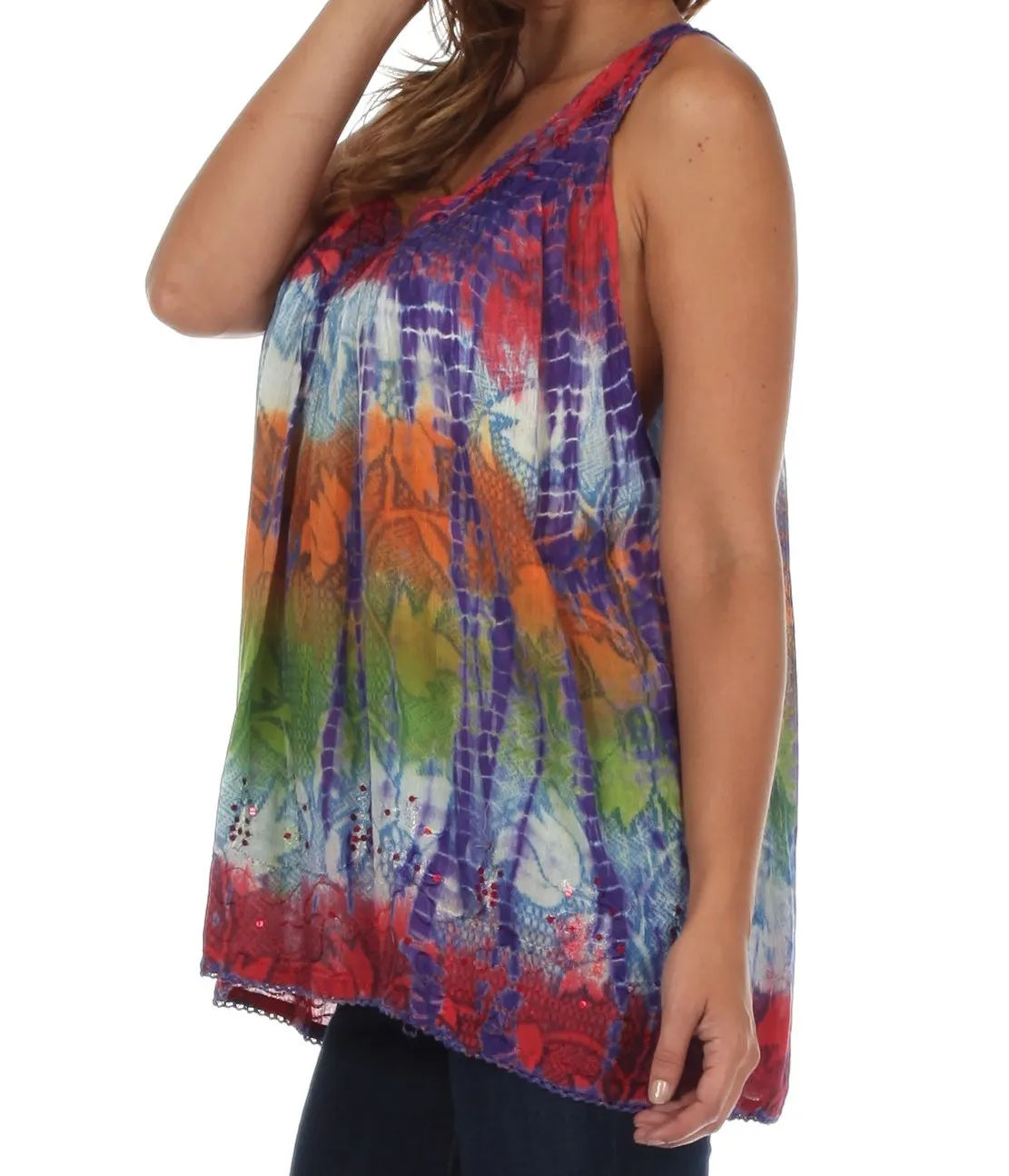 Sakkas Women's Tie Dye Floral Sequin Sleeveless Blouse