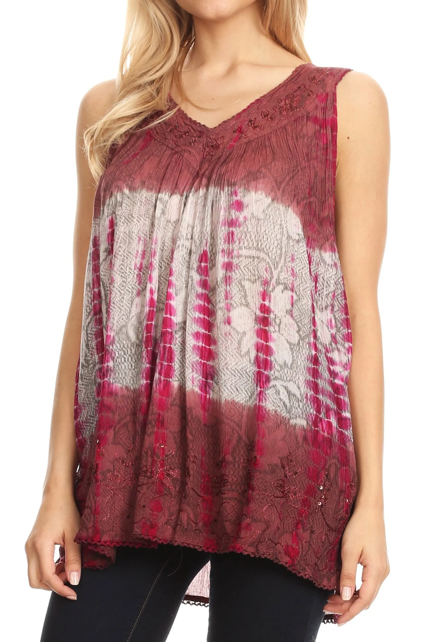 Sakkas Women's Tie Dye Floral Sequin Sleeveless Blouse