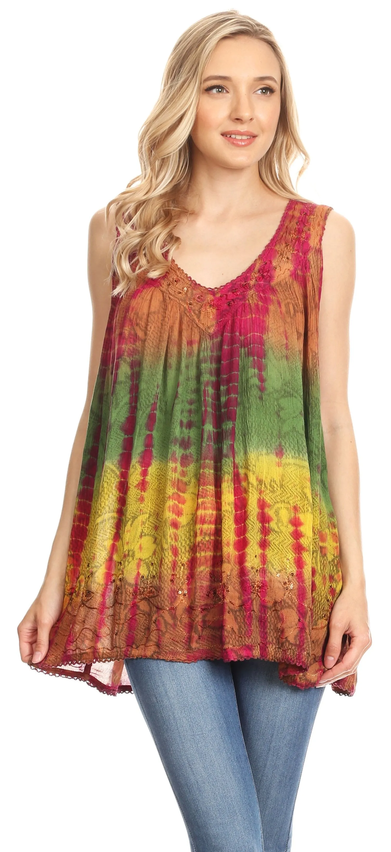 Sakkas Women's Tie Dye Floral Sequin Sleeveless Blouse