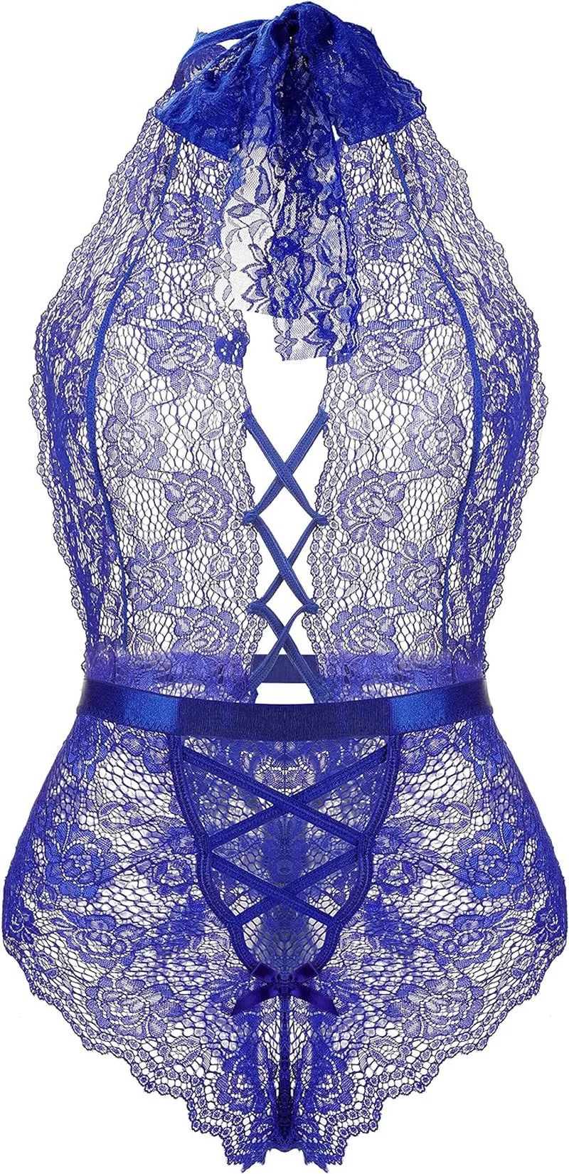 Sexy Blue Lace Halter Teddy Bodysuit - Plus Size XXL