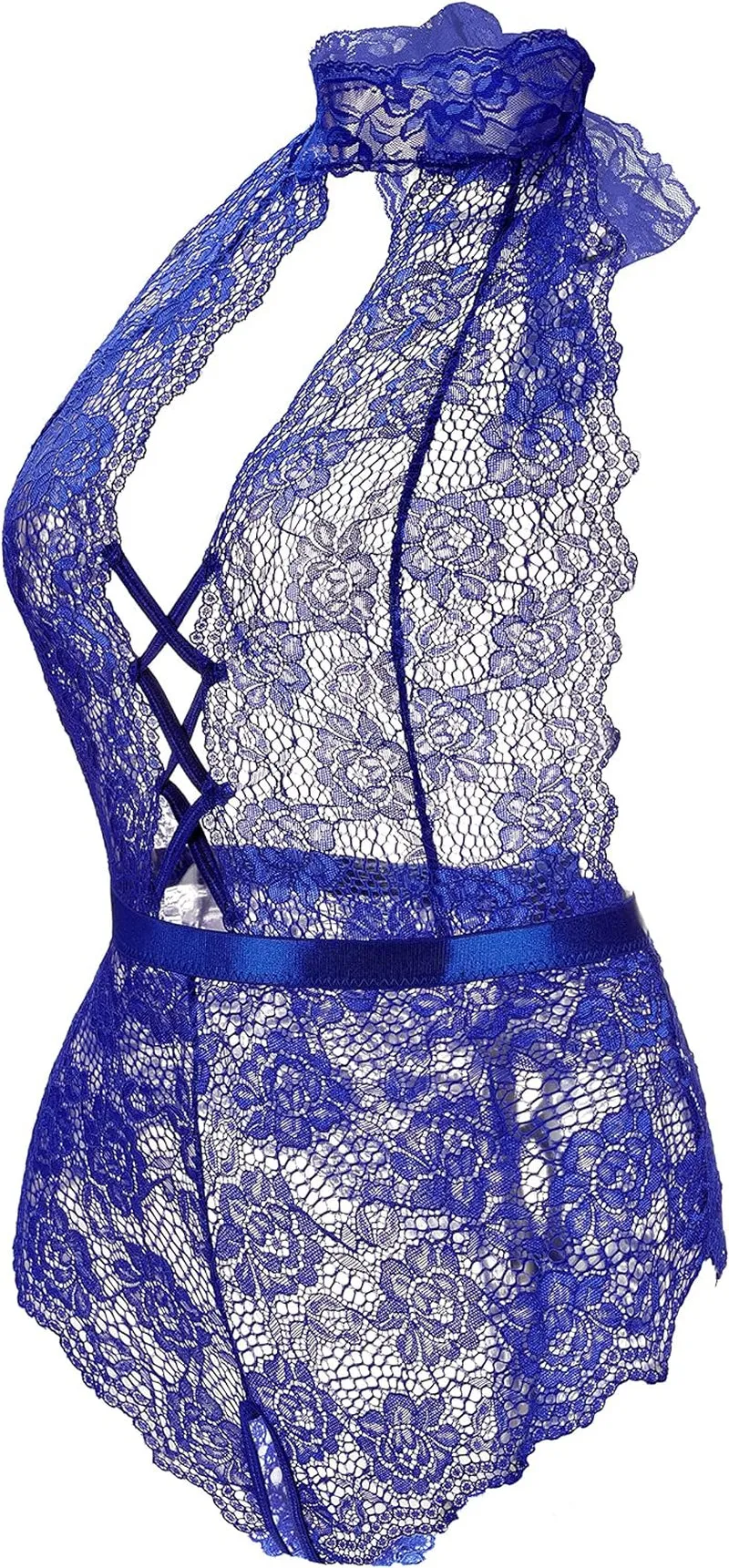 Sexy Blue Lace Halter Teddy Bodysuit - Plus Size XXL