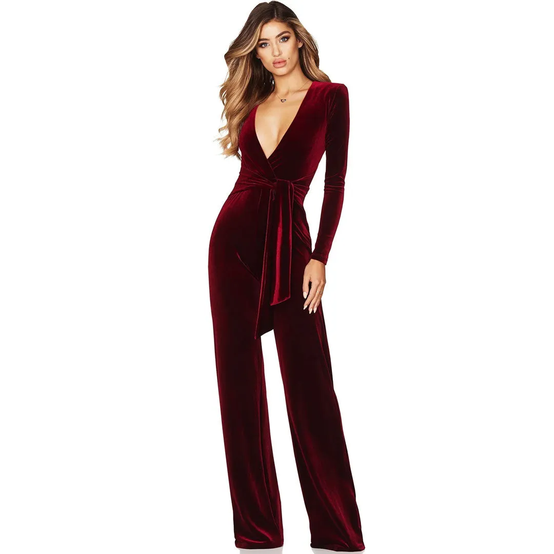 Sexy Plunge Neck Long Sleeve Tie Waist Wide Leg Velvet Jumpsuit - Wine