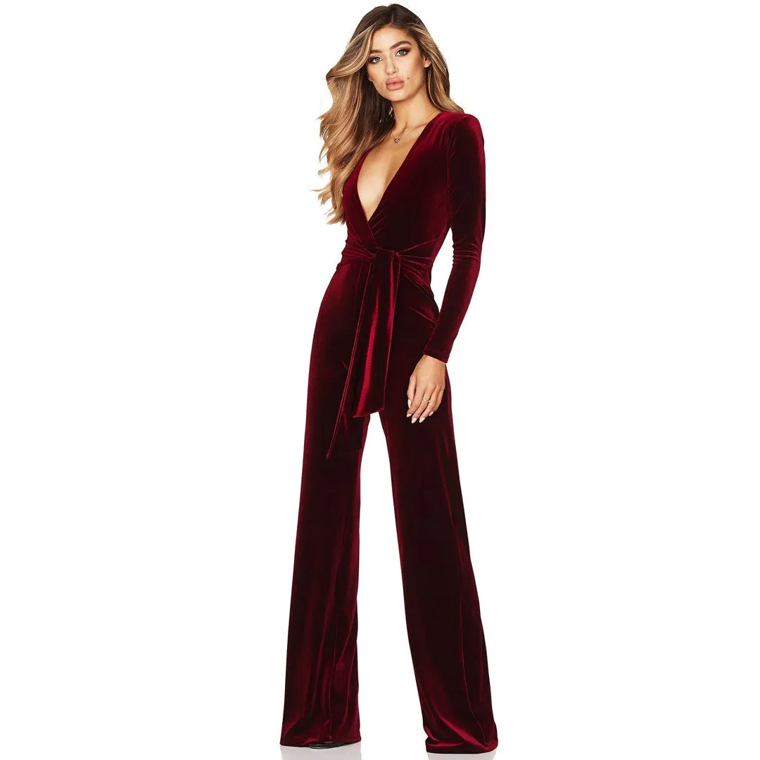 Sexy Plunge Neck Long Sleeve Tie Waist Wide Leg Velvet Jumpsuit - Wine