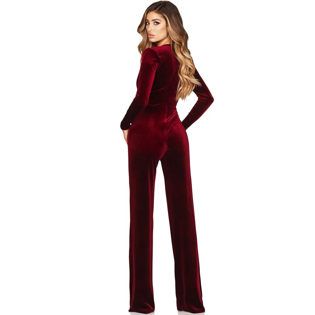 Sexy Plunge Neck Long Sleeve Tie Waist Wide Leg Velvet Jumpsuit - Wine