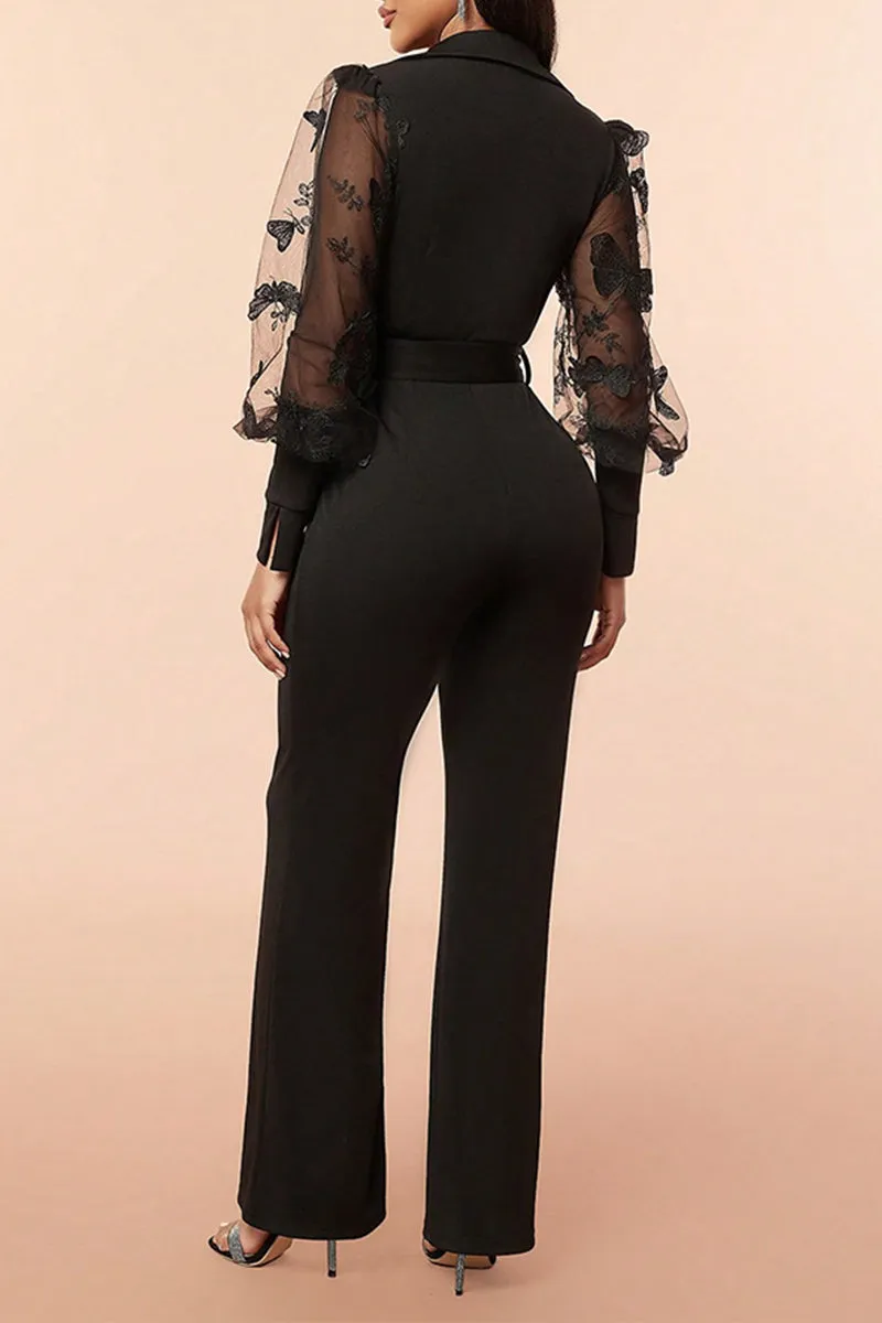 Sexy Solid Mesh V Neck Loose Jumpsuits