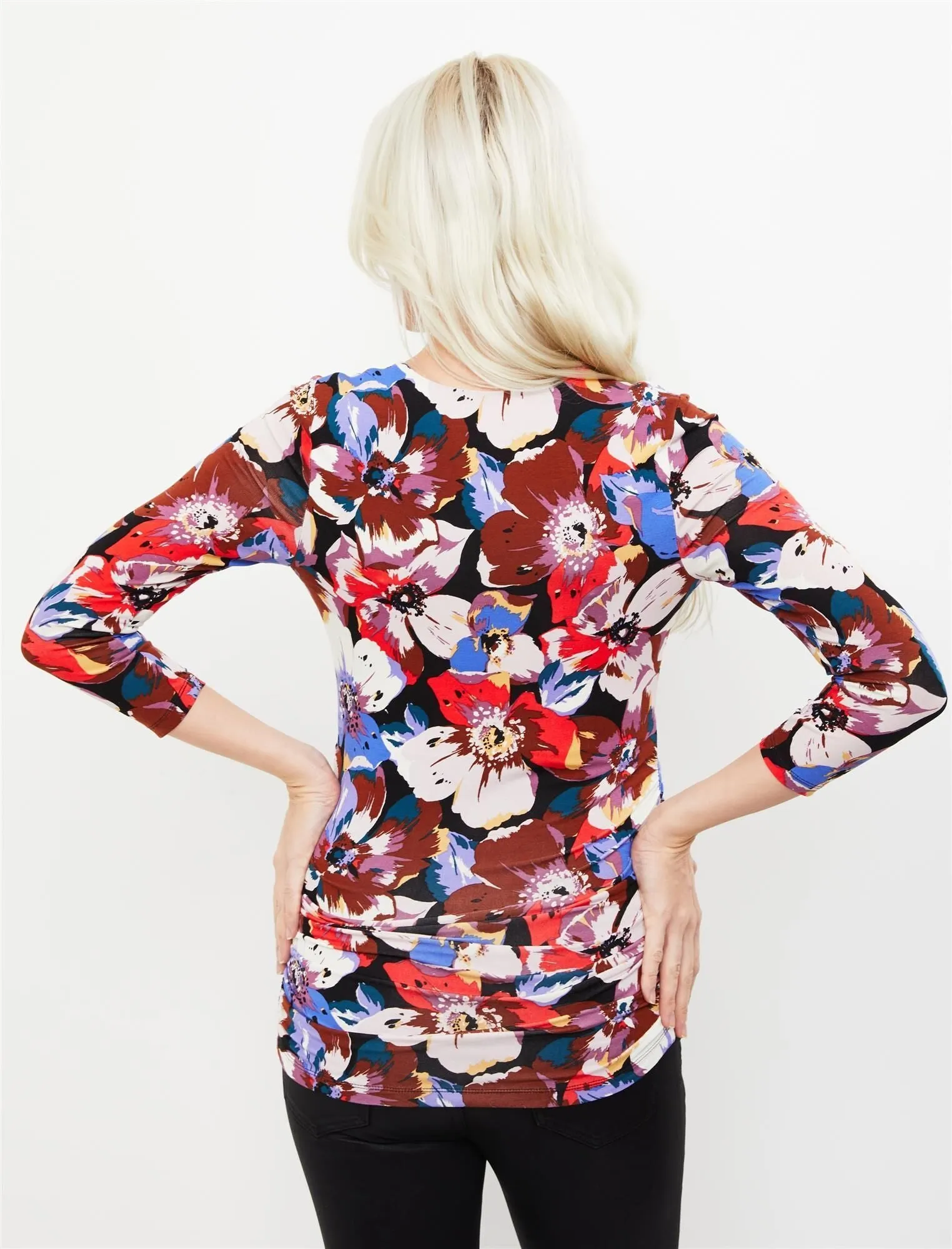 Side Ruched 3/4 Sleeve Maternity T Shirt in Multi Color Floral