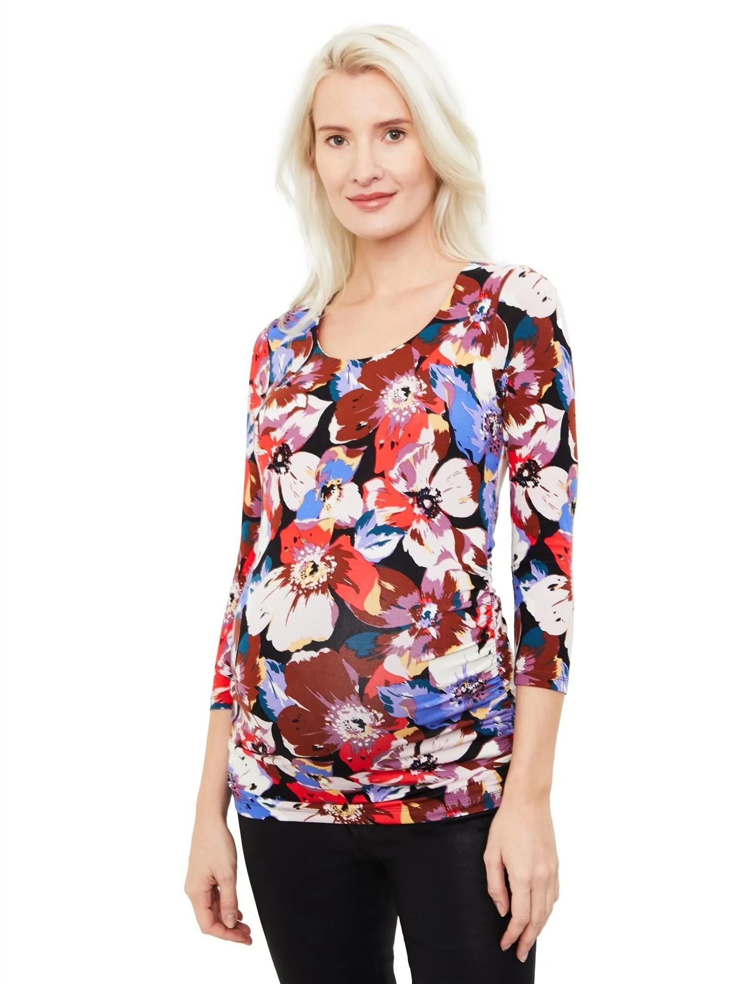 Side Ruched 3/4 Sleeve Maternity T Shirt in Multi Color Floral