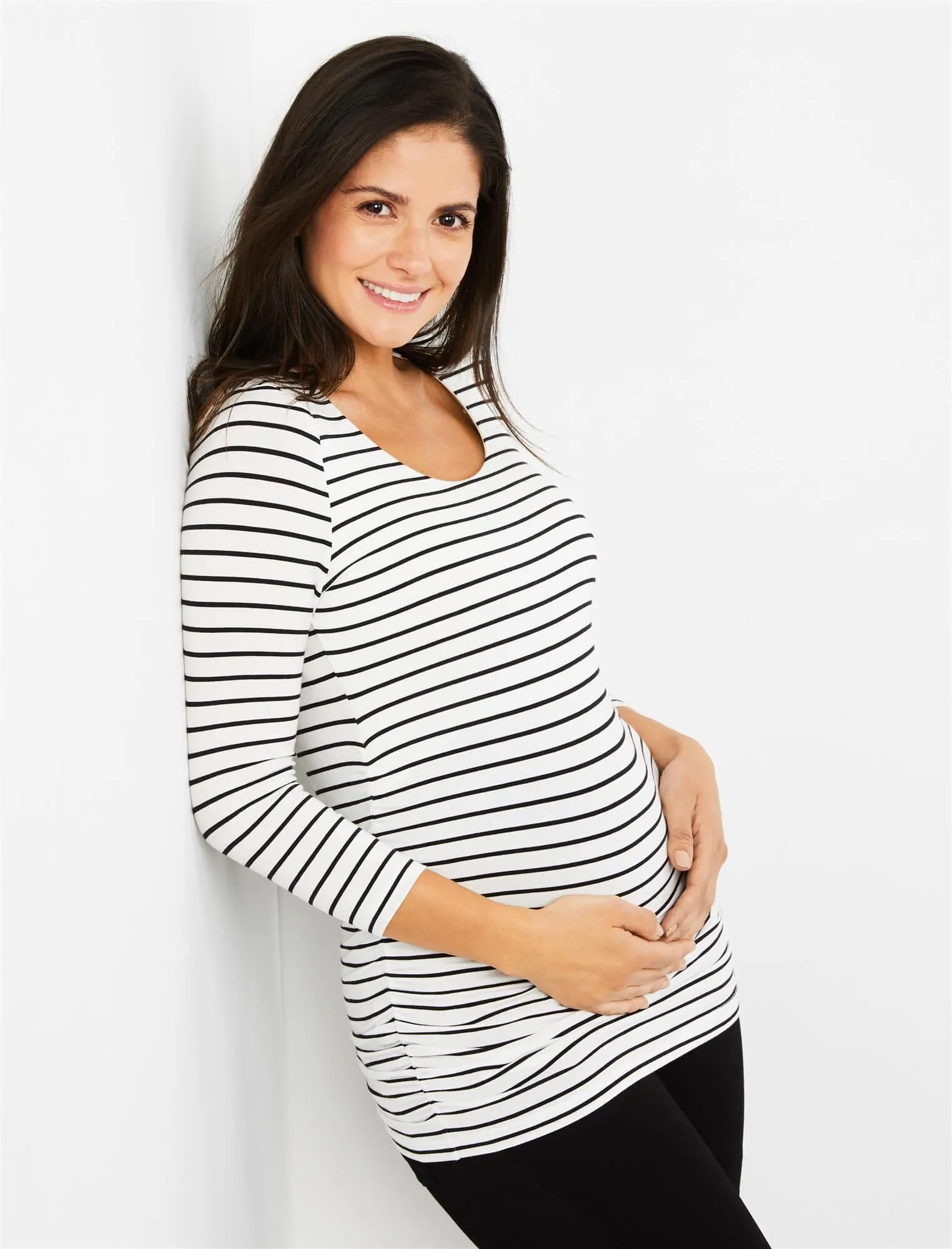 Side Ruched 3/4 Sleeve Maternity T Shirt in White / Black Stripe