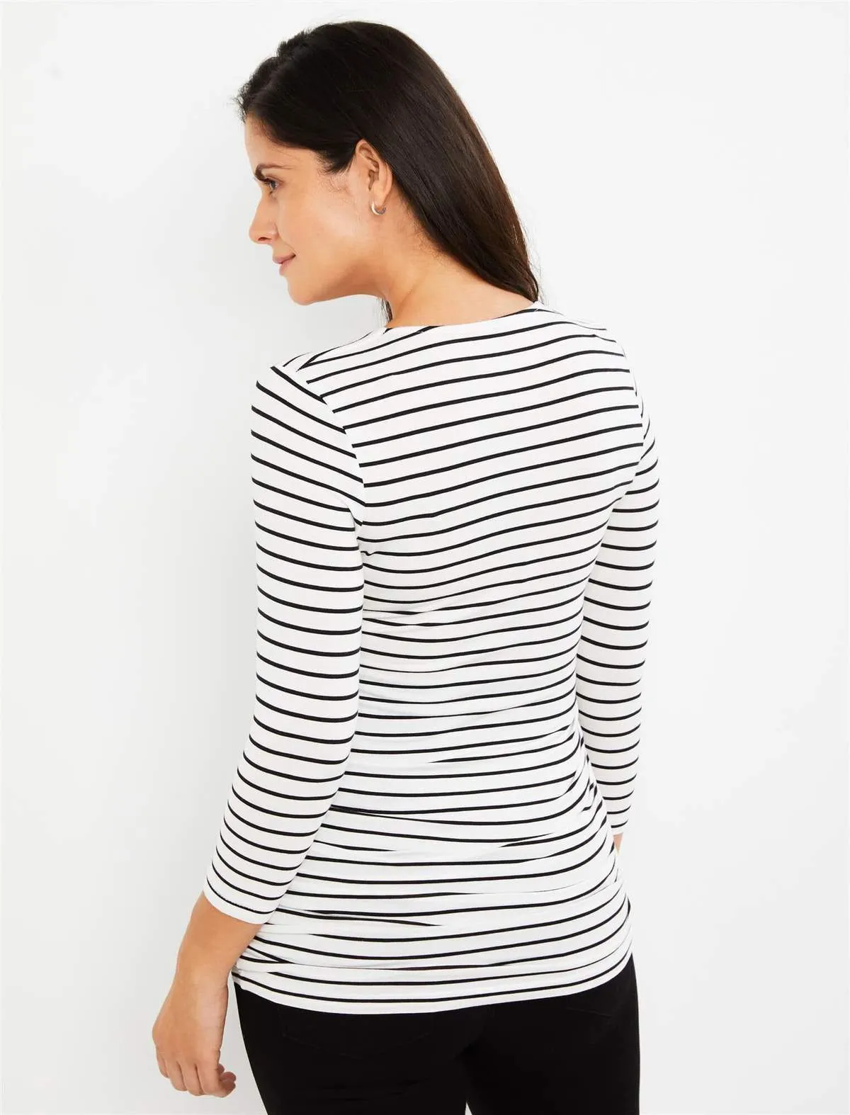 Side Ruched 3/4 Sleeve Maternity T Shirt in White / Black Stripe