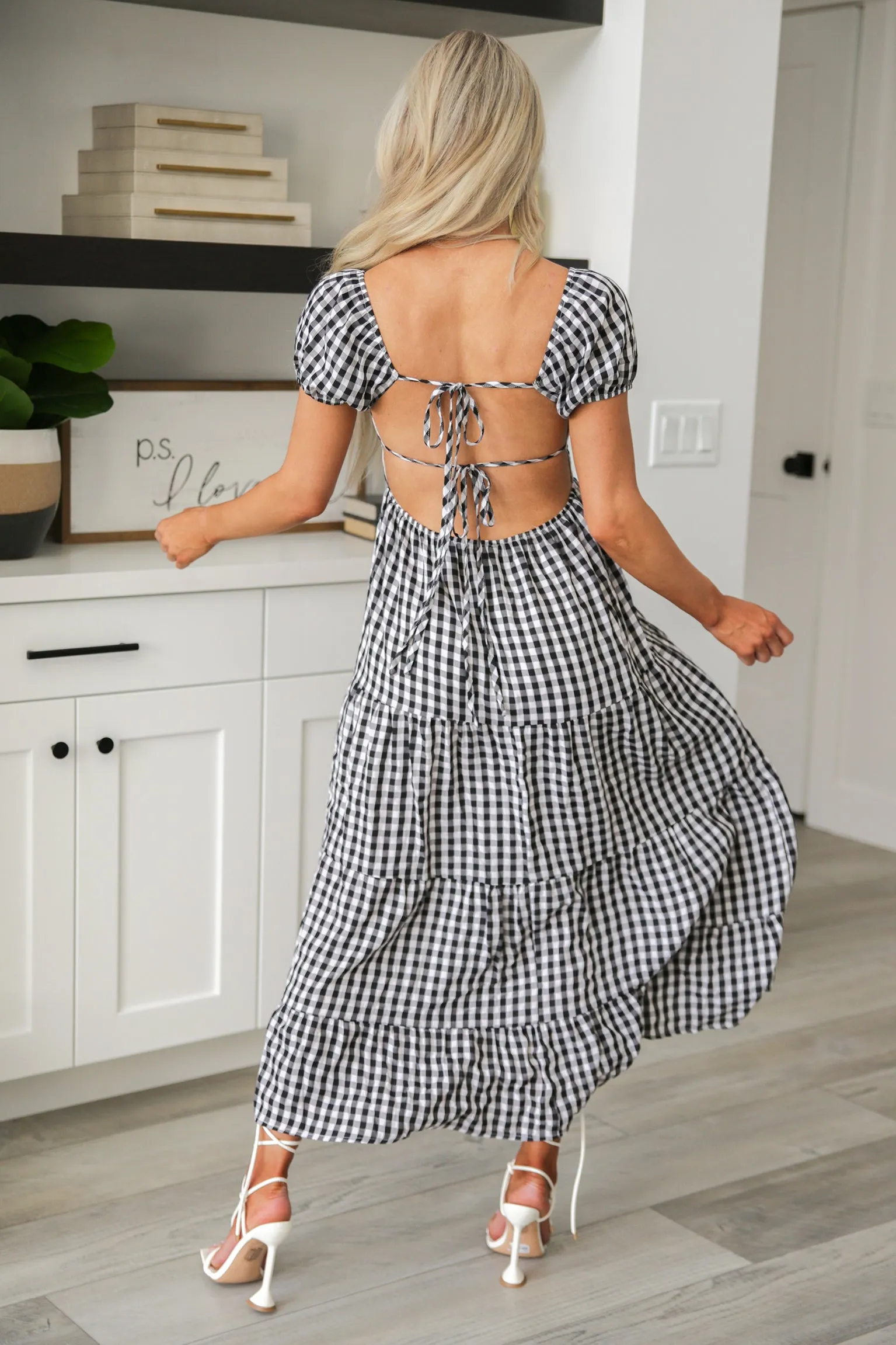 Somewhere to Go Tie Back Gingham Print Dress