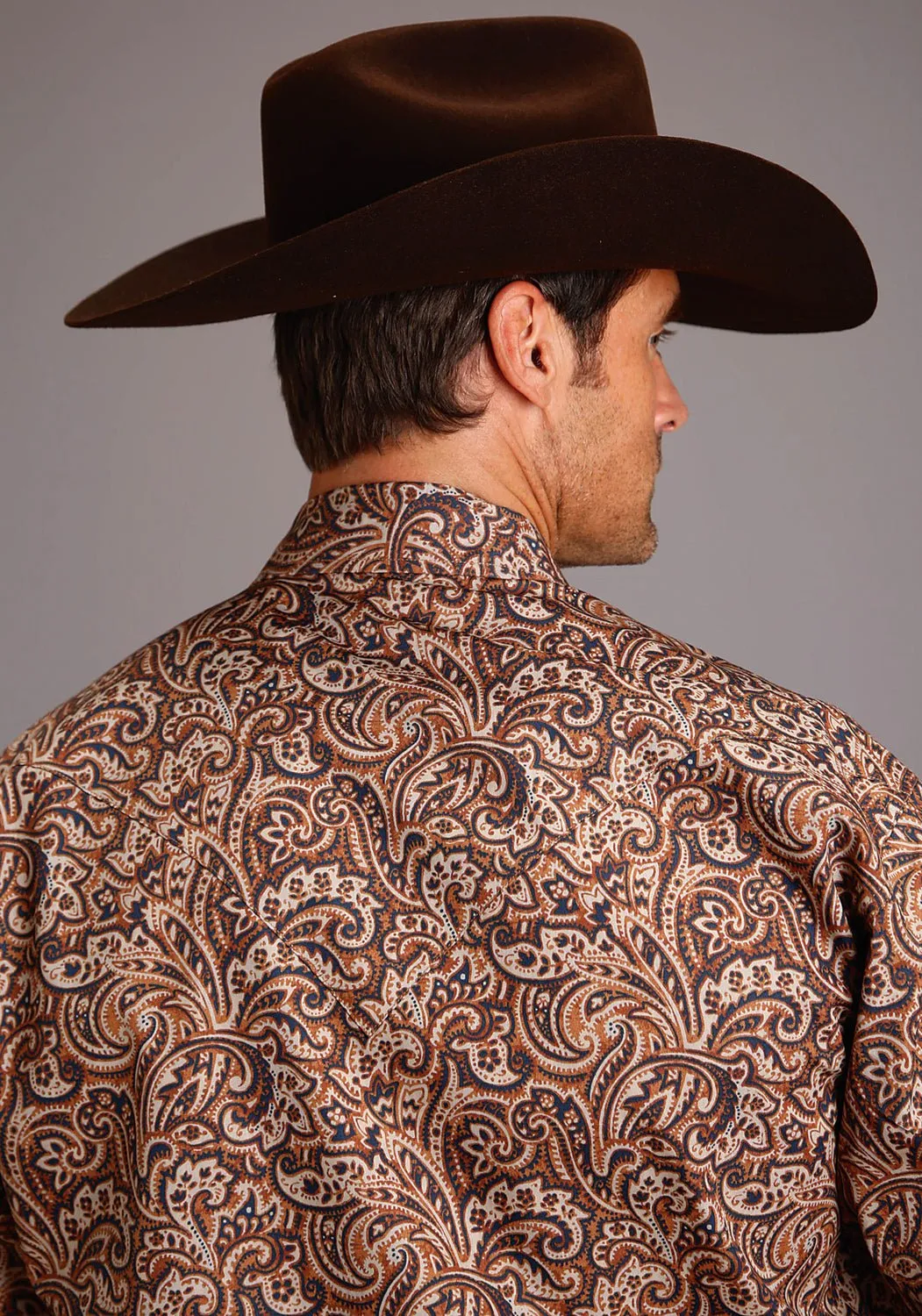 Stetson Mens Brown 100% Cotton Leather Paisley L/S 2 Pkt Shirt