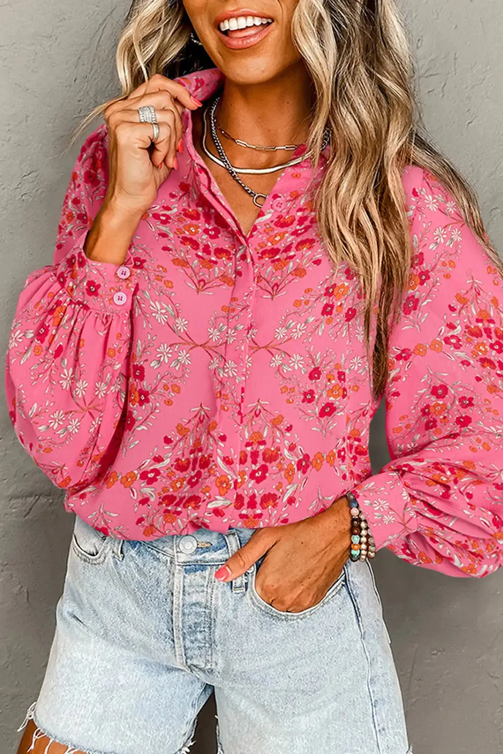 Strawberry Pink Floral Puff Sleeve Shirt