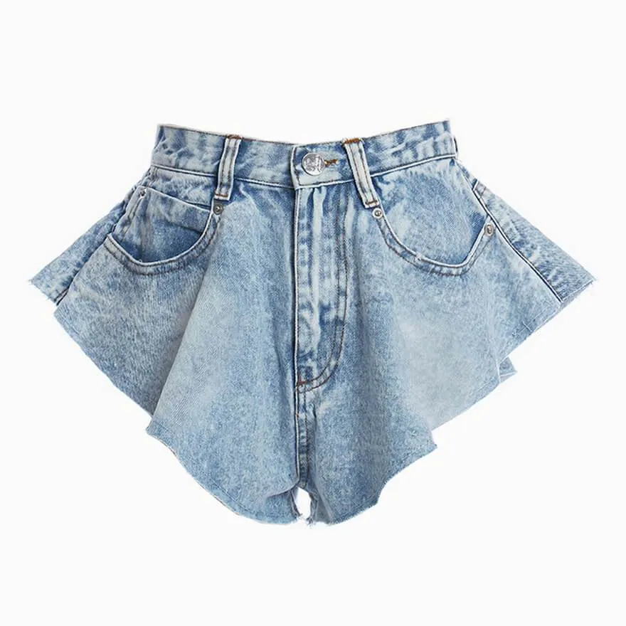 Street Style Flare Hem High Waist Wide-Leg Mini Denim Shorts - Light Blue