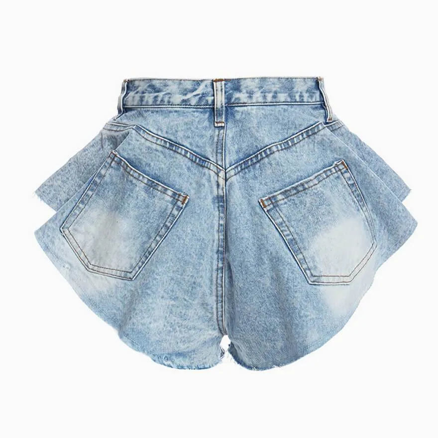 Street Style Flare Hem High Waist Wide-Leg Mini Denim Shorts - Light Blue