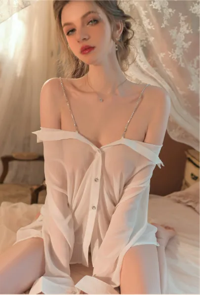 T-3069 Tiktok same style Tempting Night Sexy Transparent Strap Sleepwear Shirt