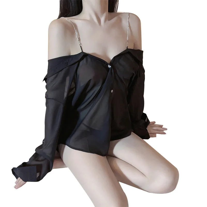 T-3069 Tiktok same style Tempting Night Sexy Transparent Strap Sleepwear Shirt