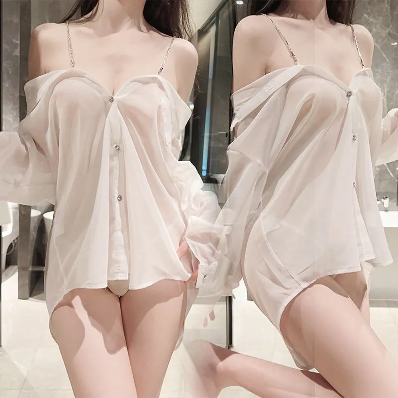 T-3069 Tiktok same style Tempting Night Sexy Transparent Strap Sleepwear Shirt