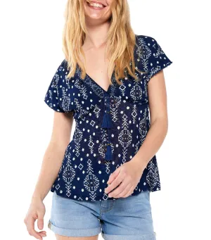 T-Shirt Neckline Border Lace Tassels Blue