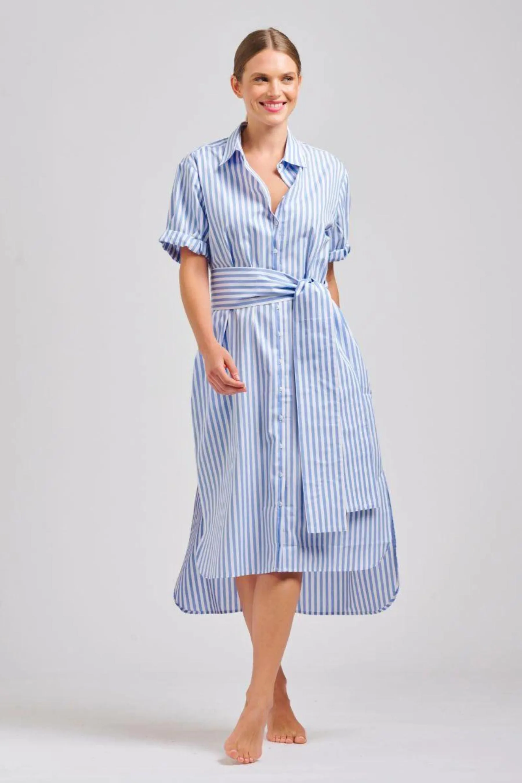 The Annie Longline Shirt Dress | Mid Blue Stripe